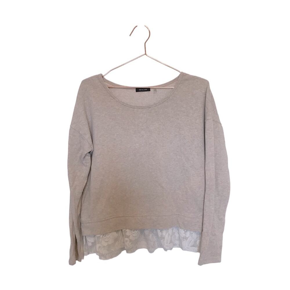 Verve Ami medium Sweater Top Tan Knit Lace Trim Boxy